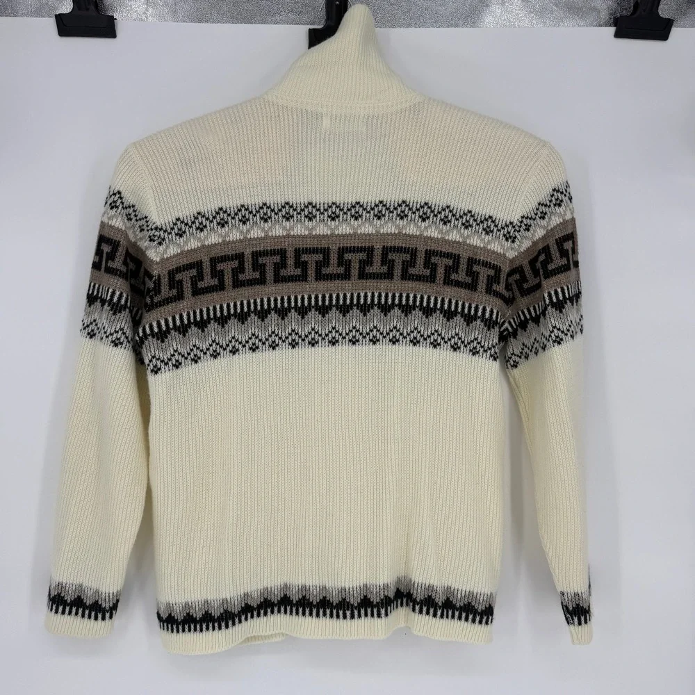 Vintage St Johns Bay Mens Full Zip Cardigan Sweater Cream Greek Key Fair Isle L